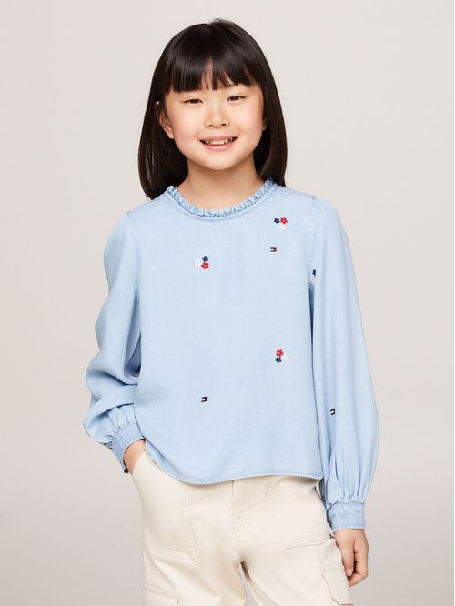 Blusa De Chambray Con Bordado Floral